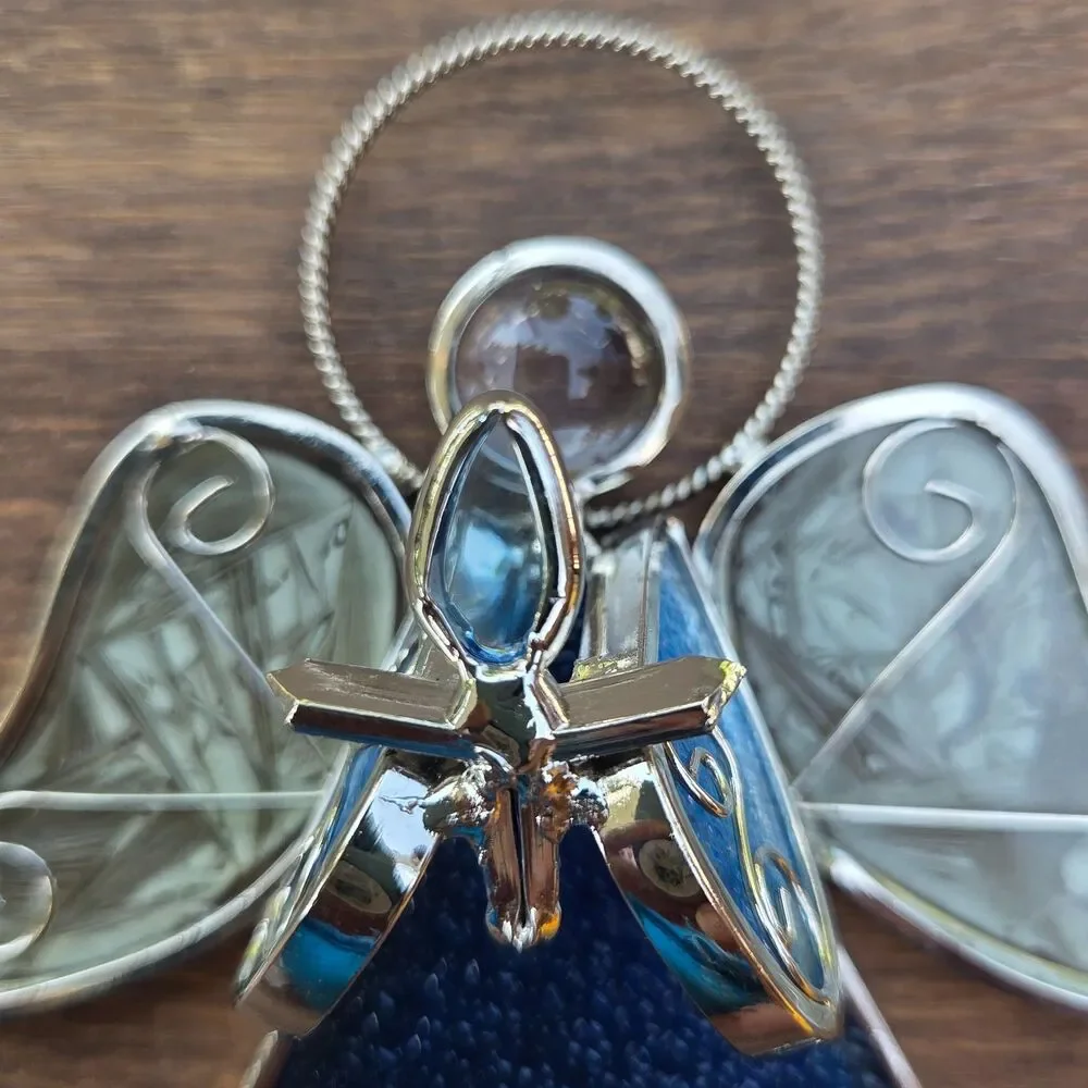 Stained Glass Angel Figurine Blue Gold Tone Christmas Decor 5 Inch
